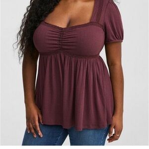 Plus-Size Ruched Babydoll Top in Plum